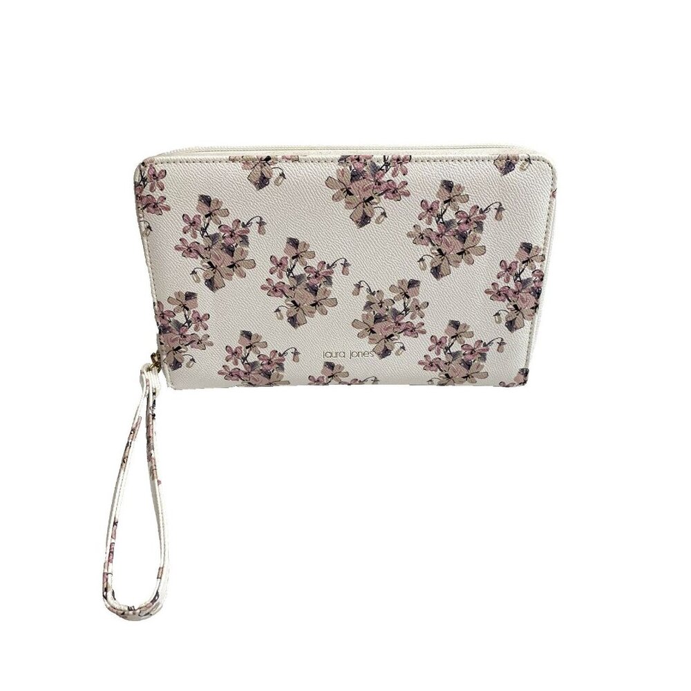 Laura Jones Wristlet Wallet Pink Flowers Zippers Card Slots Clear Window